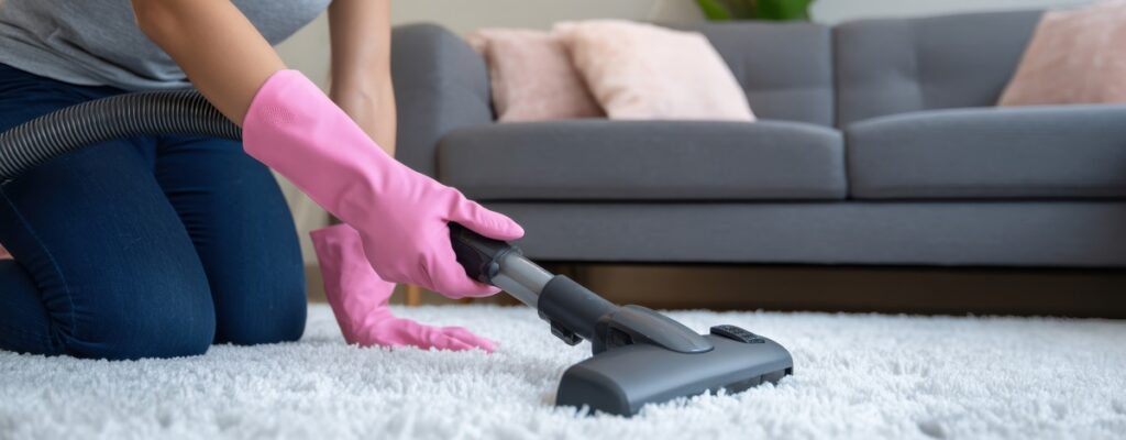 The vacuum cleaner gliding over plush carpet while a person cleans a living room
