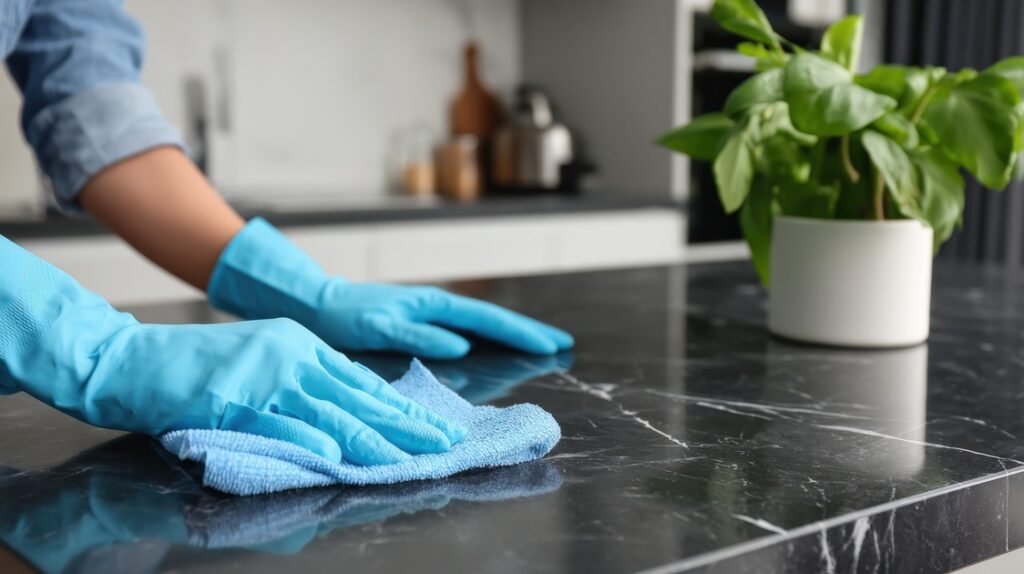 A person uses a spray cleaner on a countertop in a kitchen while wiping it with a blue cloth. The sunlight comes through the windows in the late afternoon, creating a bright scene