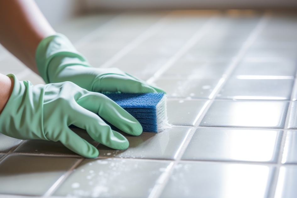 A gloved hand brushes the floor.
